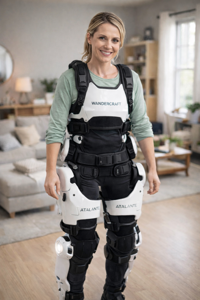 chica-exoesqueleto-doméstico-mirando-cámara Muchacha joven en casa con un exoesqueleto doméstico