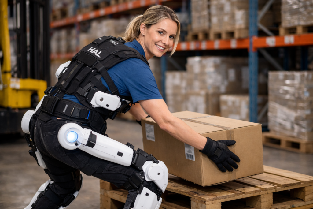 chica rubia sonriendo vistiendo un exoesqueleto trabajando manejando una carga